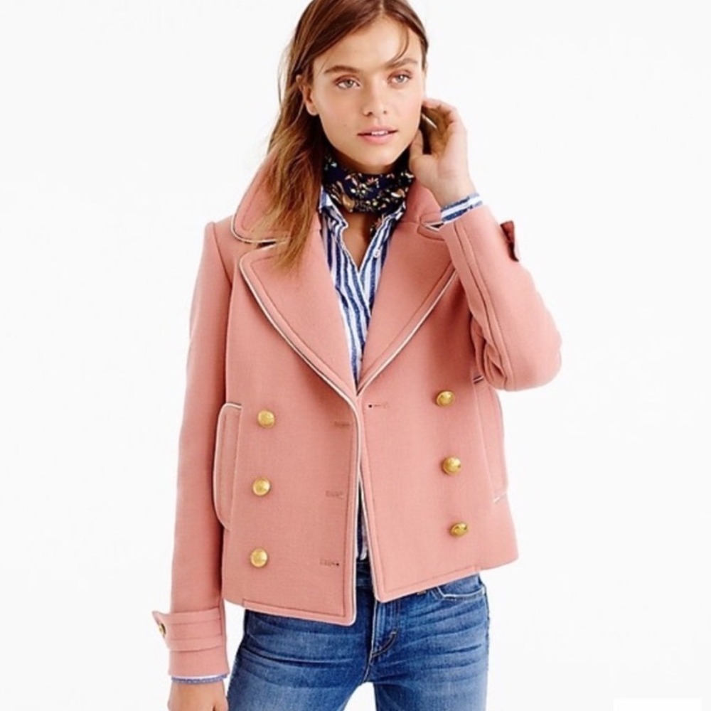 J.Crew Double Cloth Wool Pea Coat Size 6 Pink Gold Jacket Blazer Preppy Nautical